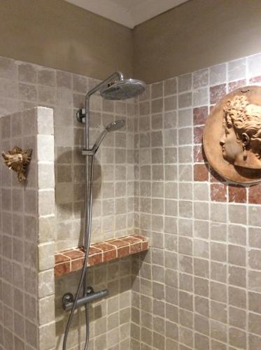 a shower in a bathroom with gray tiles at liste rouge in Nîmes