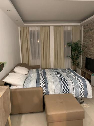 une chambre avec un lit, un canapé et une télévision dans l'établissement Apartment in the Heart of The Champs Elysées with Balcony, à Paris