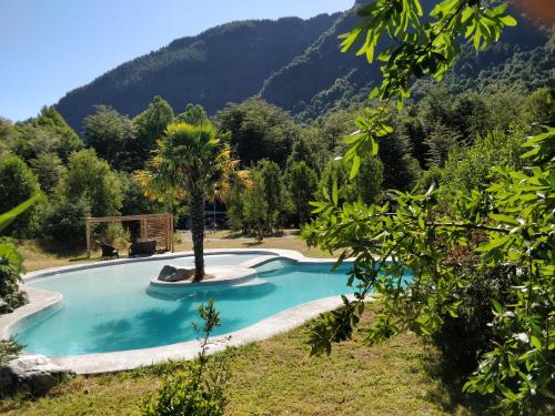 a swimming pool with a palm tree and mountains in the background at Complejo Kari Mapu Park in Pucón