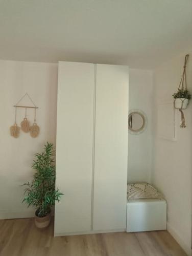 une armoire blanche dans une pièce avec une plante dans l'établissement Le Petit Eden des Dunes, à Seignosse