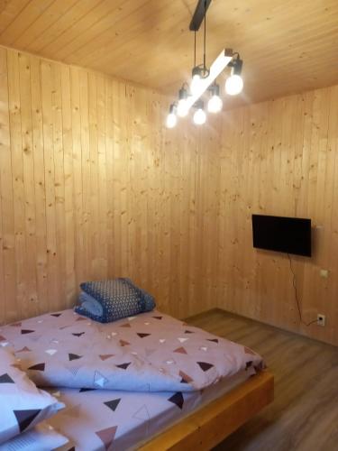 um quarto com uma cama numa parede de madeira em У бабусі em Bursuchna