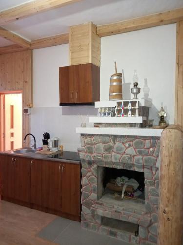 a kitchen with a brick fireplace in a room at У бабусі in Bursuchna