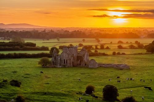 an old castle in a field at sunset at Corderry Farmhouse, idyllic cottage amid 250 acres in Stagdale Bridge
