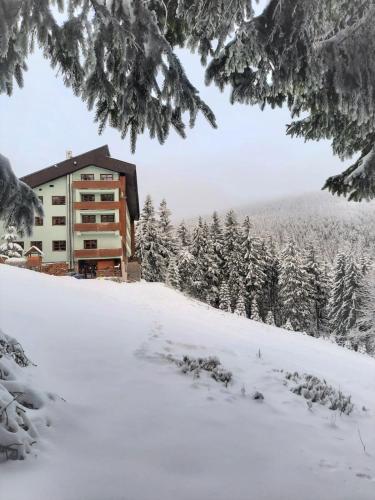 a building on a snow covered hill with trees at Velký apartmán Cihlarka in Cerny Dul