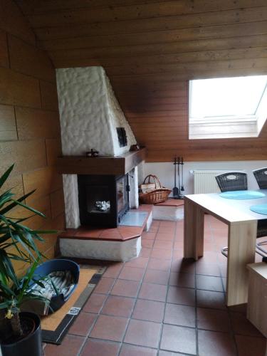 ein Wohnzimmer mit einem Kamin und einem Tisch in der Unterkunft Aussergewöhnliche Atelierferienwohnung mit Balkon an der Donau in Winzer