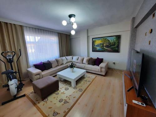 伊斯坦堡的住宿－Tarabya Family Suit Acibadem Hospital，客厅配有沙发和桌子