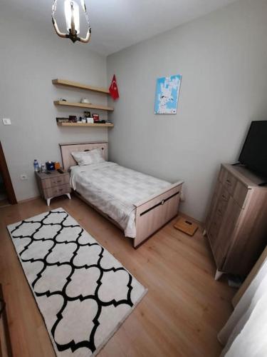 a bedroom with a bed and a television in it at Tarabya Family Suit Acibadem Hospital in Istanbul