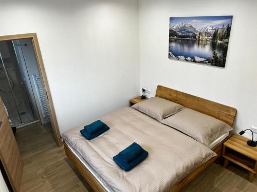 een slaapkamer met een bed met blauwe kussens erop bij Apartment house Tatras in Liptovský Mikuláš