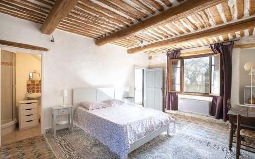 a bedroom with a bed and a desk and a window at Mas Le Petit Nizon in Saint-Laurent-des-Arbres