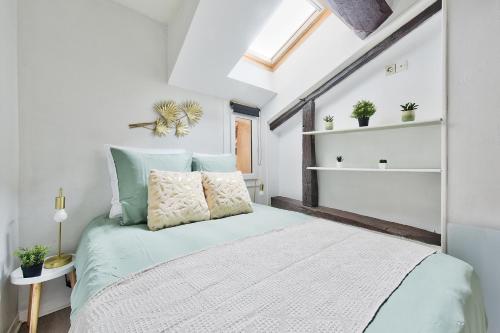 um quarto com uma cama e uma clarabóia em Appartement Le Spacieux Bressan - Hyper-Centre em Bourg-en-Bresse