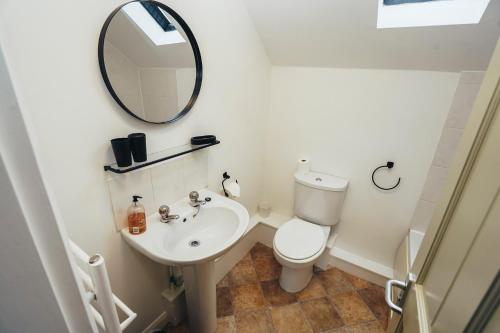a bathroom with a toilet and a sink and a mirror at Cottages In Derbyshire - Apple Cottage in Belper
