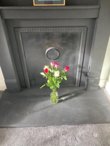 a vase of flowers sitting in front of a fireplace at Kilpatrick Glebe in Crossabeg