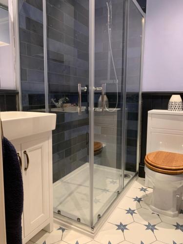 uma casa de banho com um chuveiro, um WC e um lavatório. em White Horses Anglesey em Newborough