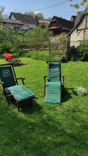 two chairs sitting in the grass in a yard at GITE AU PETIT RUISSEAU-Etage et combles-maison alsacienne 4 personnes 4 nuitées minimum in Langensoultzbach