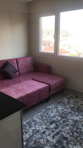 a living room with a purple couch and a window at Selçuk Giritli Apart Evler in Selcuk