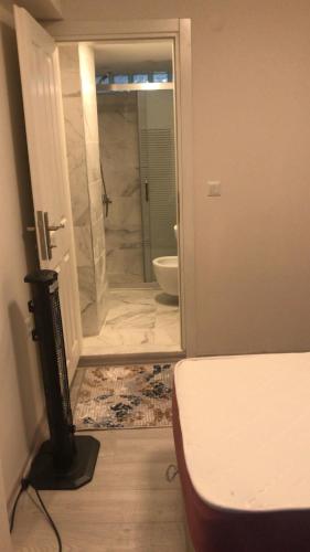 a bathroom with a toilet and a shower with a door at Selçuk Giritli Apart Evler in Selcuk