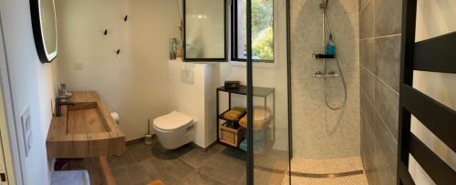 La petite salle de bains est pourvue d'une douche et de toilettes. dans l'établissement Ker Neizh Cancale, Cottage Baie de Cancale GR34, à Cancale