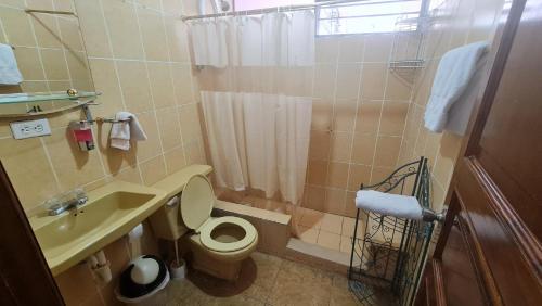 a bathroom with a toilet and a sink and a shower at Hermoso Departamento con todas las comodidades. in Latacunga