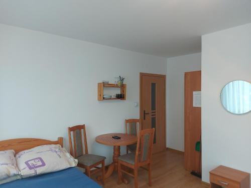 1 dormitorio con 1 cama, mesa y sillas en Pokoje Goscinne TOMASZ, en Międzywodzie