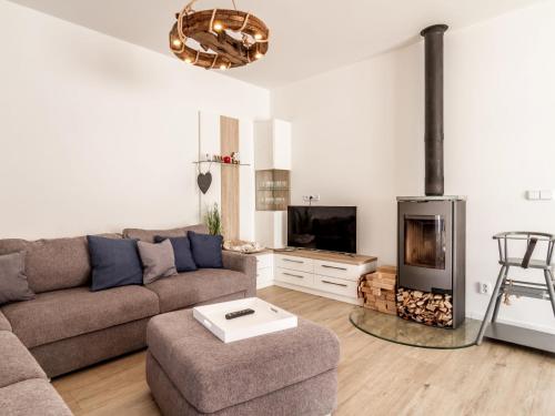 a living room with a couch and a fireplace at Holiday Home Lakeside Village 22 - - sauna by Interhome in Frymburk