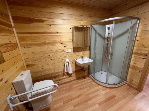 a bathroom with a shower and a toilet and a sink at La Dehesa Boyal II in Los Yébenes