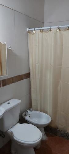 y baño con aseo y cortina de ducha. en El Fortinero Departamento 3 en San Rafael