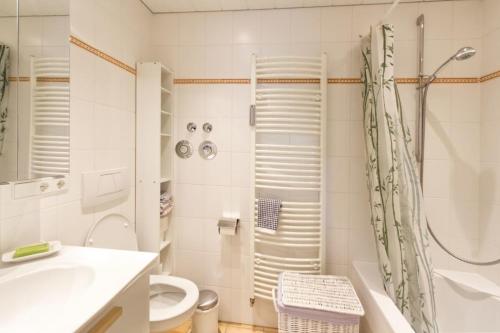 een badkamer met een douche, een toilet en een wastafel bij Arzgrube EG-Wohnung - a73860 in Mittenwald