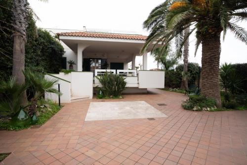 a house with a palm tree and a brick patio at B&B TORRE AZUL FRONTEMARE - Bisceglie in Bisceglie
