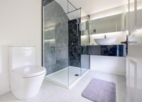 a bathroom with a shower and a toilet and a sink at Willow House Bed & Breakfast and Orchard Studios Self Catering in Limavady