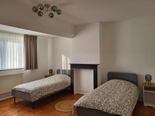 a bedroom with two beds and a fireplace at Brussels Bed & Blockchain Private rooms with shared bathroom in Brussels