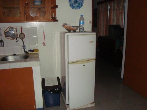 a small white refrigerator in a kitchen with a sink at Souriam Villa in Grand-Baie