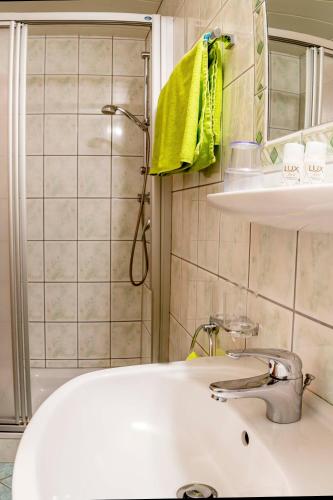 a bathroom with a sink and a shower at Almhof-Reithof Pitztal in Sankt Leonhard im Pitztal