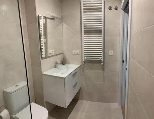 La salle de bains est pourvue d'un lavabo blanc et de toilettes. dans l'établissement APARTAMENTO EL SOLARON, à Gijón