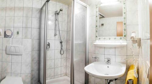 a bathroom with a shower and a sink and a toilet at Almhof-Reithof Pitztal in Sankt Leonhard im Pitztal