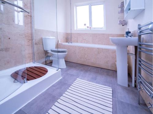 a bathroom with a toilet and a sink and a shower at Quaint house in a beautiful rural setting in Froghall