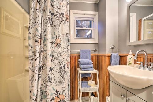 baño con lavabo y cortina de ducha en Lake Chautauqua Vacation Rental!, en Bemus Point