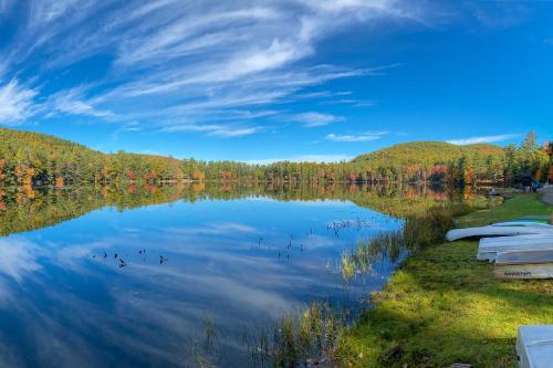 a lake in the middle of a forest with ducks in the water at Adirondack Oasis Private Lake, Sauna, and Fire Pit in Chestertown
