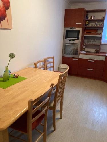 a kitchen with a wooden table with chairs and an oven at Vila Vodica in Hul