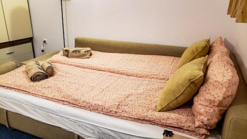 a bed with a pink blanket and pillows on it at Apart 32 Govedartsi Forest View in Govedartsi