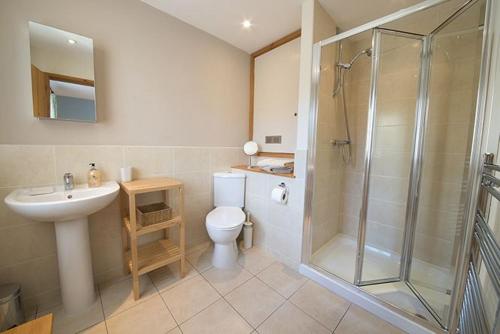 a bathroom with a shower and a toilet and a sink at Yewdale Cottage Coniston in Coniston