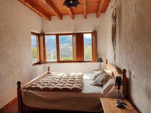 a bedroom with a bed in a room with windows at Ecologica casa del sol in Navacepeda de Tormes