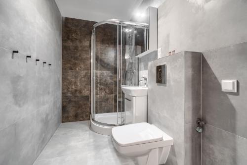 La salle de bains est pourvue d'une douche, de toilettes et d'un lavabo. dans l'établissement Kamienica Centrum Apartament nr 9, à Szczecin
