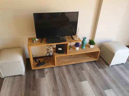 TV en un soporte de madera en la sala de estar en Dúplex Nueva Córdoba! Balcón, Parrila, ideal, Pareja o Familia!!! en Córdoba