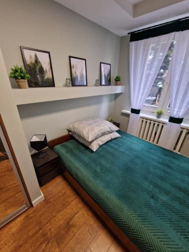 1 dormitorio con 1 cama con edredón verde en APARTAMENT SĄDECKA OSTOJA en Nowy Sącz