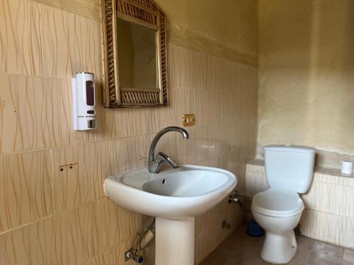 a bathroom with a sink and a toilet at Zad El Mosafer Guest House in Tunis