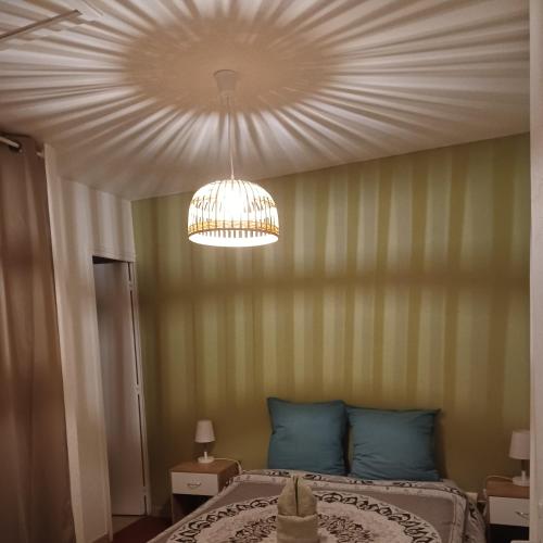 une chambre avec un lit et un lustre dans l'établissement Jolie petite maison idéalement située, à Arles