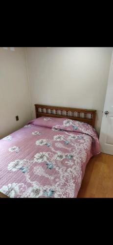 a bedroom with a bed with a pink blanket at Héctor cabañas in Punta Arenas