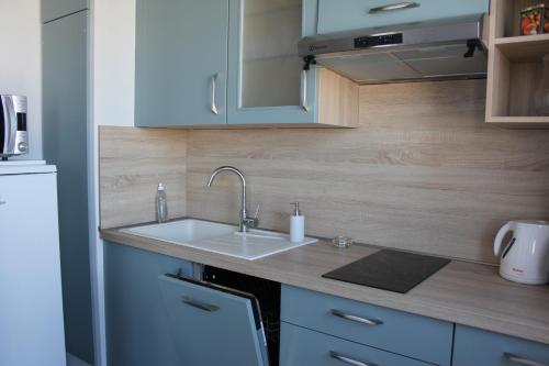 une cuisine avec un évier et un plan de travail dans l'établissement Appart. Superbe Vue mer et Funiculaire, au Tréport