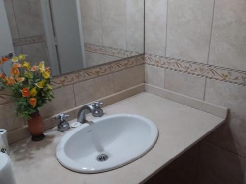 - un lavabo blanc dans la salle de bains pourvue d'un vase de fleurs dans l'établissement Amplio Departamento en San Rafael, à San Rafael