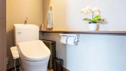 a bathroom with a toilet and a shelf with a plant at OriOri House Hotel Mt Fuji view 全室富士山ビューの貸切り宿 折々 in Fujikawaguchiko